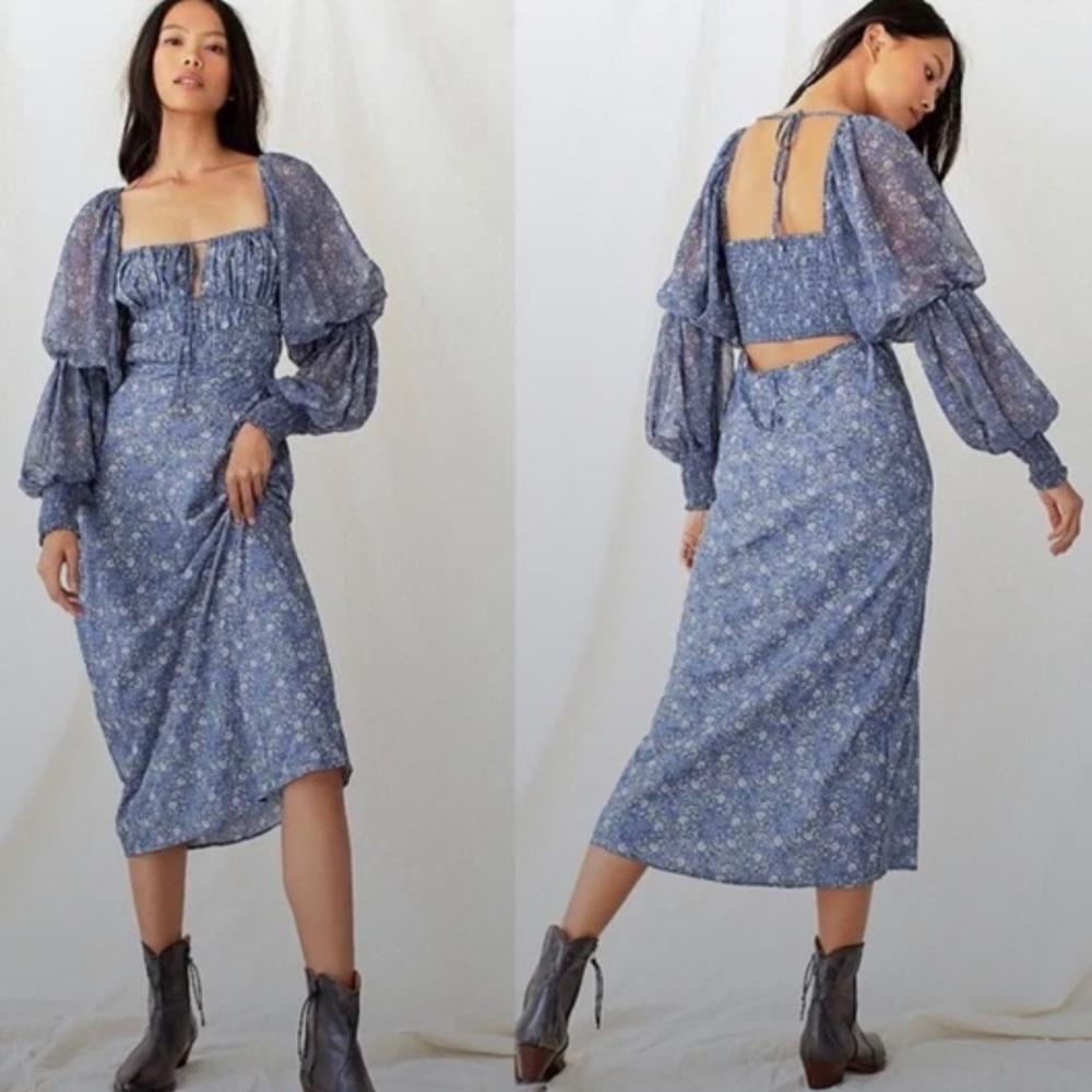 COPY - Free People Aglow Midi Dress with Puff Sleeve and Shirring Sapphire Comb…